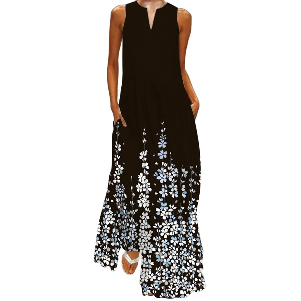 Yousheng Lady Maxi Dress with Pockets Flower Printing A-line V Neck Sleeveless Loose Full Length Dress for Vavation Beach Parties