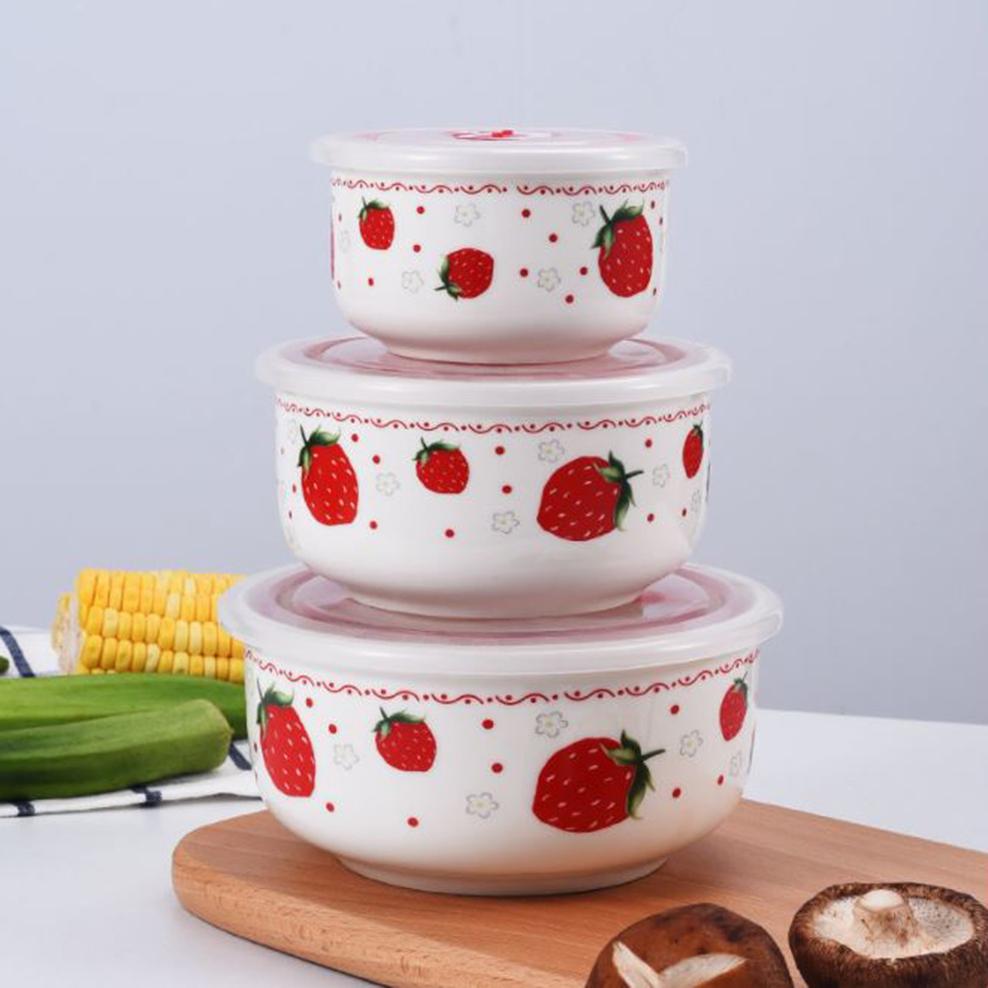 3-Piece Set Ceramic Fresh-Keeping Bowl With Lid For Microwave Oven Sealed Bowl Bone China Lunch Box For Home Kitchen