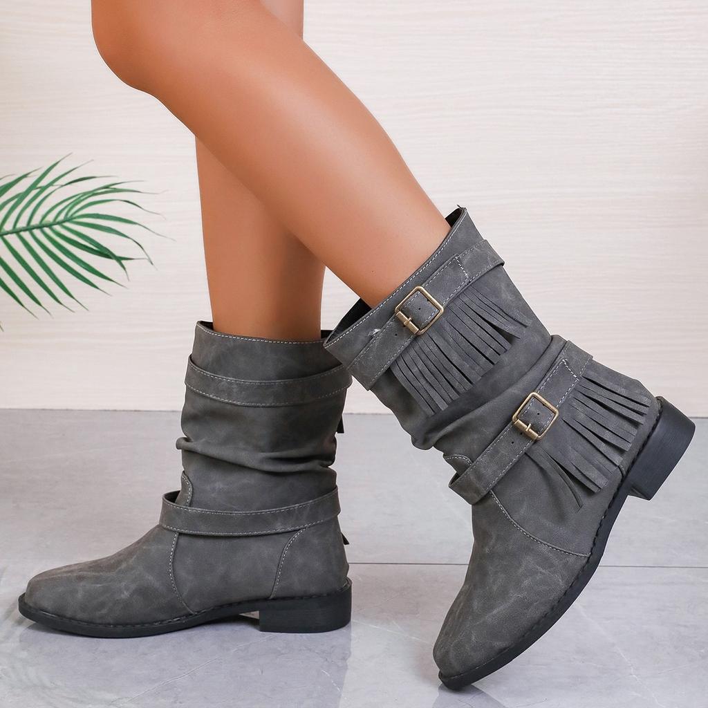 Bottes pour femmes Automne et Hiver Européennes et Américaines Rétro Bout Rond Talon Bas Bottes Cigarette