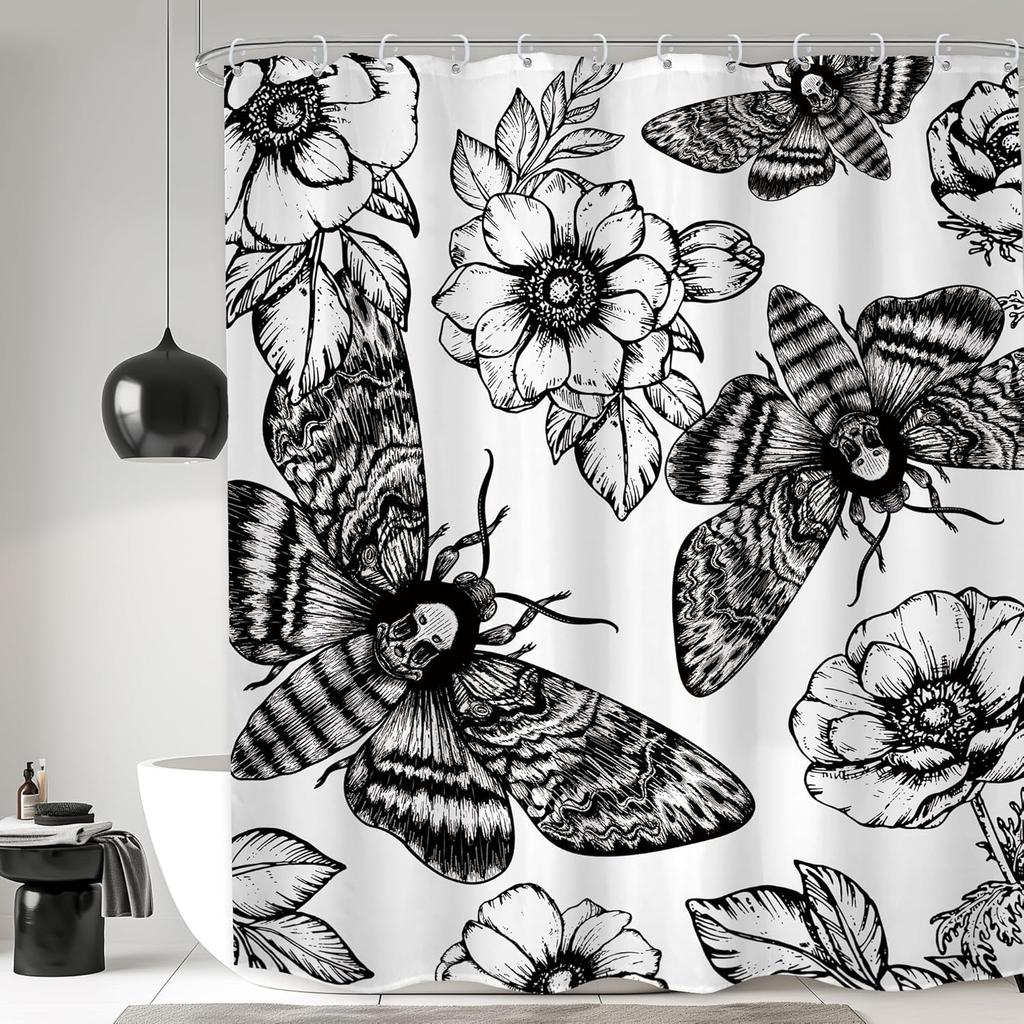 Gothic Skull Shower Curtain Bathroom Set Halloween Death Head Moth Pink Flower Leaves Spider Scary Witchy Bath Accessories