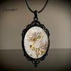 Whimsical Garden Party Accessories Oval Floral Pendant Necklace, Vintage Glass Dome Rose Retro Black Metal Jewelry Adjustable Cord for Women