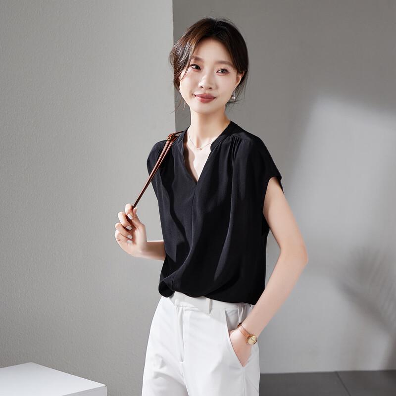 SOFSIL Women s 100% Silk V-Neck Short-Sleeve Shirt M
