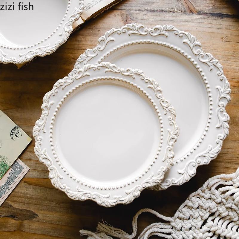 Vintage Relief Ceramic Tableware Restaurant Creative Steak Plate Dessert Dish Sushi Dish Soup Plate Snack Bowl Mug Tableware Set