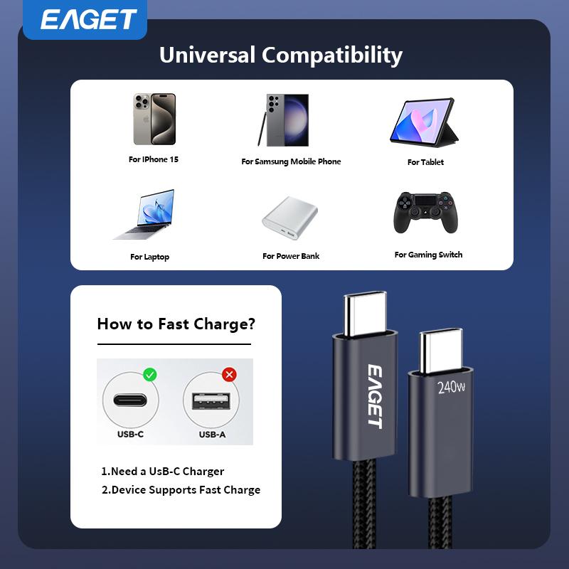 240W UsB C Cabel UsB 4 Data Cable Qc4.0 40Mbps 5A Fast Charging UsB C To UsB C Charget Cable Type C Cable for iPhone,MacBok.