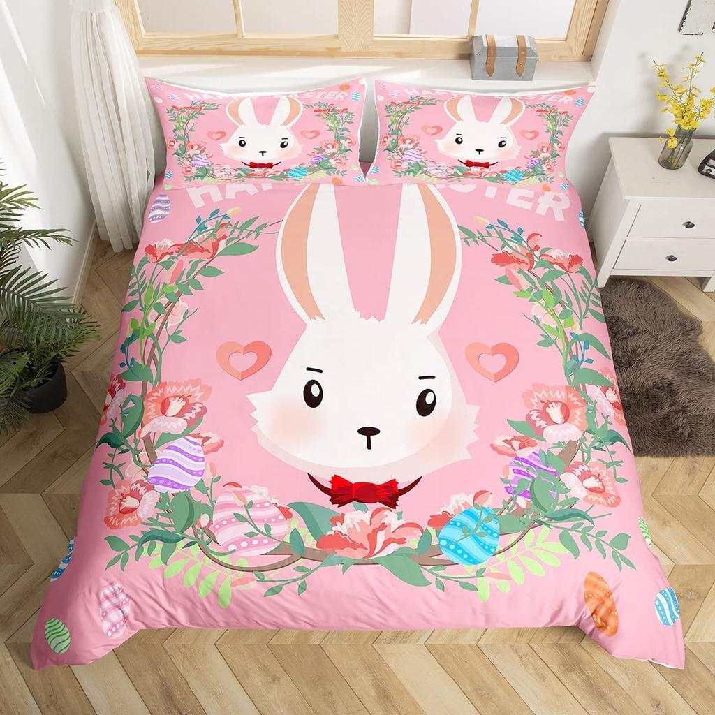 Cute Rabbit Duvet Cover Collection Twin Queen Colorful Flower Bedding Collection Microfiber Botanical Floral Cartoon Animal Comforter Cover