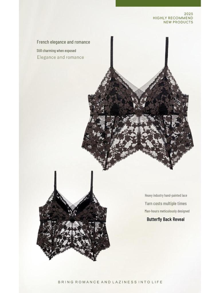 French Pure Desire Floral Lace Spaghetti Strap Triangle Cup Lingerie Set - Invisible Back Buckle Bra & Beautiful Back Design