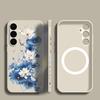 Luxury Blue Flowers Print Case For Samsung Galaxy S26 S25 Ultra S24 S23 FE S22 Plus S21 Built-in Metal Plate Magnetic Silicone Cover