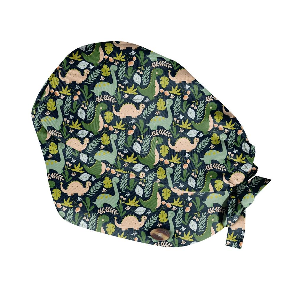Adjustable Bouffant Scrub Cap with Buttons and Sweatband, Cute Animal Print, Navy Blue, Unisex, One Size Fits All