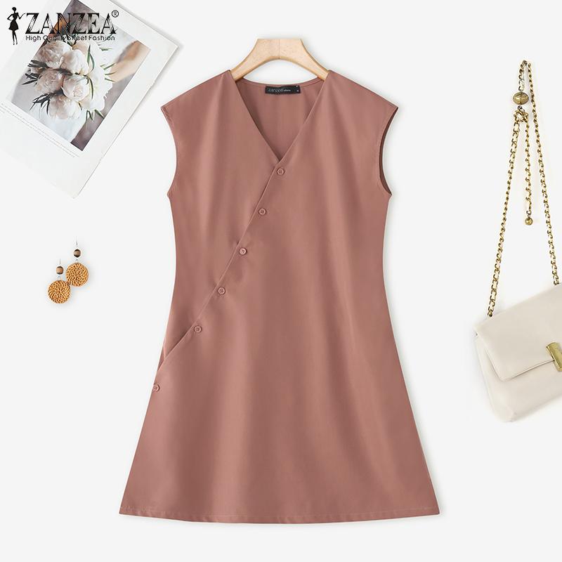 ZANZEA Women Summer Casual V-Neck Loose Sleeveless Dress