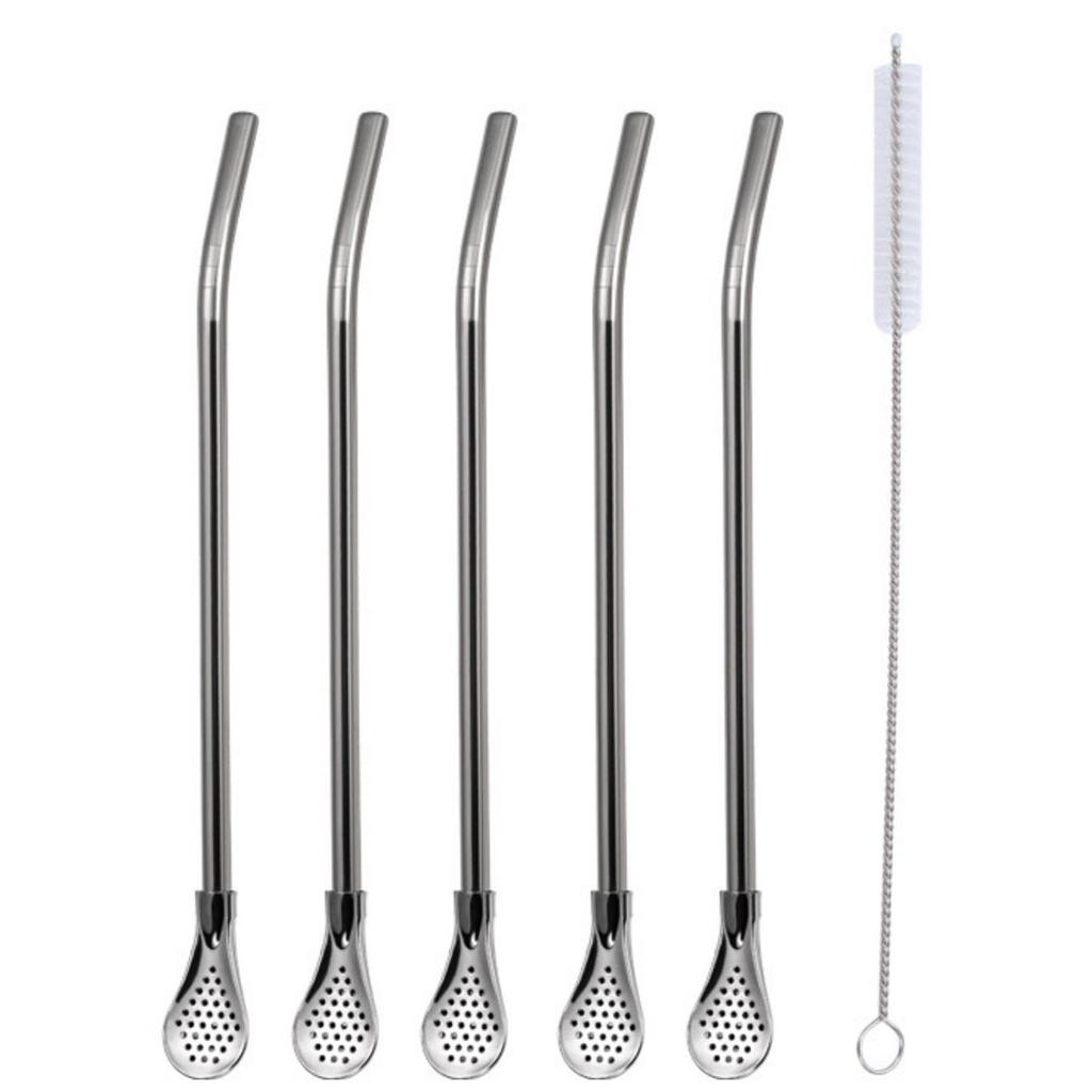 Metal Straw Stirring Spoons for Drinking, 304 Stainless Steel Reusable Tea Cocktail Filter With Brush Kitchen Bar Utensil