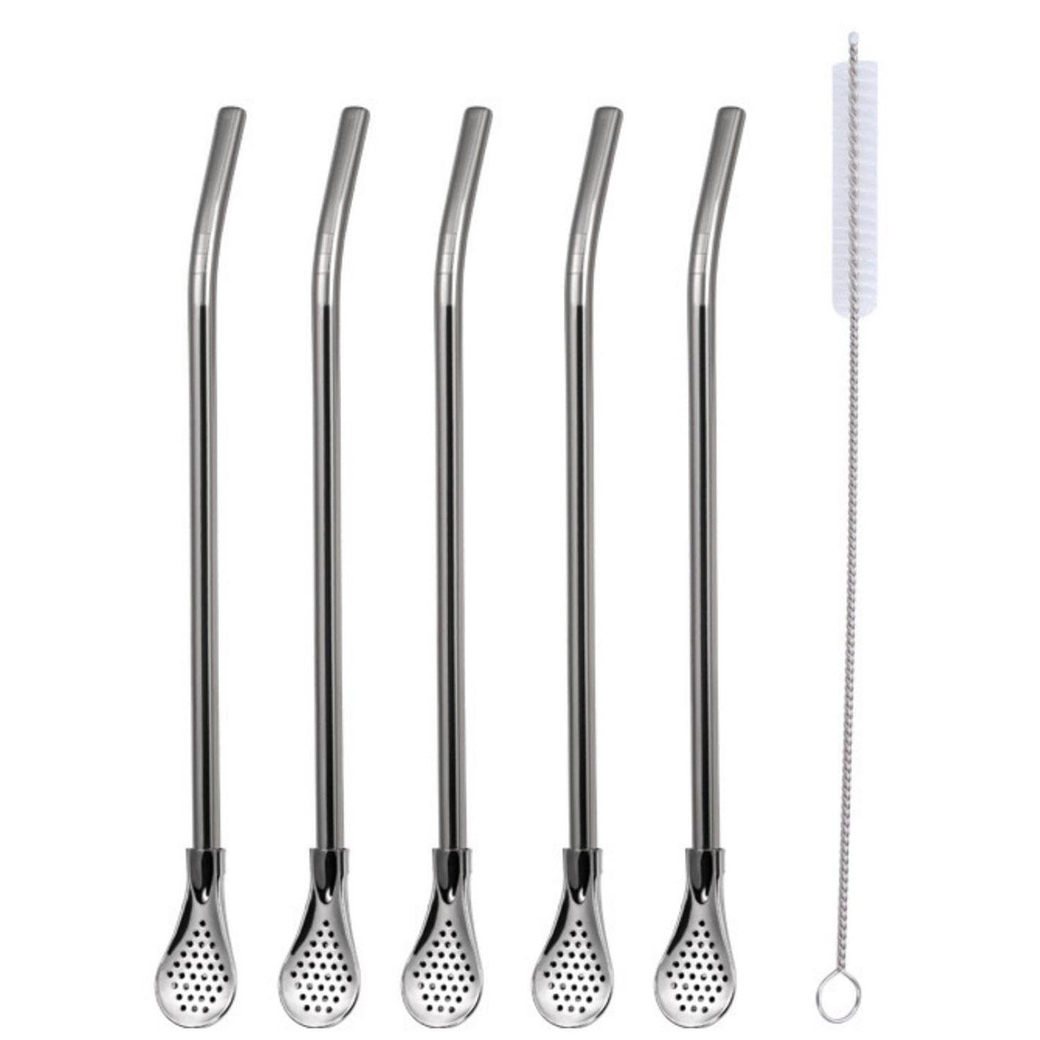 

Drinking Straws With Filter Spoon, Reusable 304 Stainless Steel Straws With Cleaning Brush For Fruit Juice Coffe and Tea