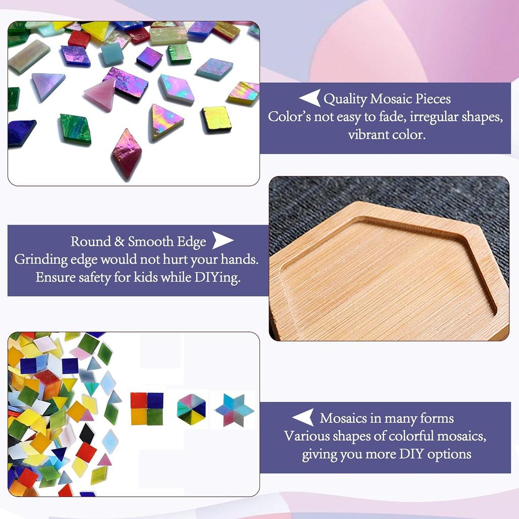 DIY Mosaic Tiles Crafts Kits for Adults, Mixed Stained Glass Mosaic Kit with 2 Sets Wooden Coaster Making Materials Package,Mosaic Adult Crafts for