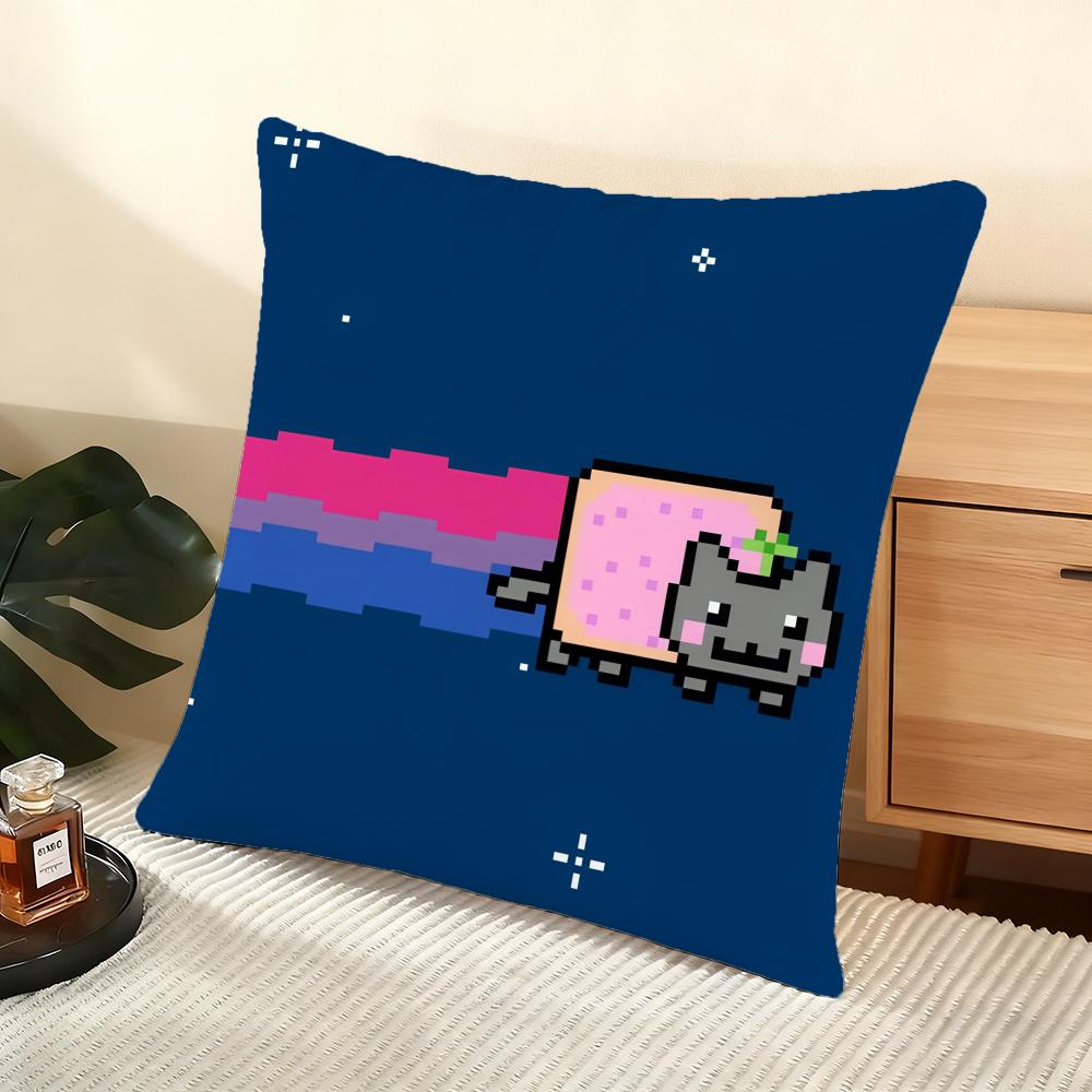 Cartoon Game N-Nyan-C-Cat Cushion Cover Soft Short Plush Pillow Cover Smooth Cozy Texture Aesthetic Cushion Case Home Decor