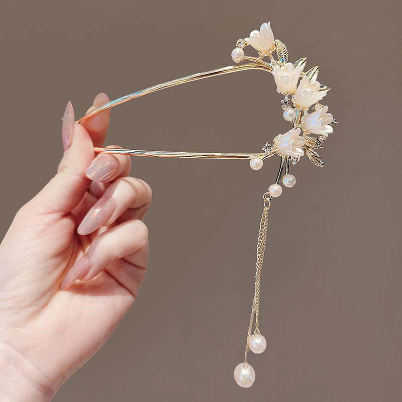 Fashion Metal Pearl Flower Tassel Hair Stick for Women Chinese Style U-shaped Hanfu Hairpin Headwear Jewelry Hair Accessories