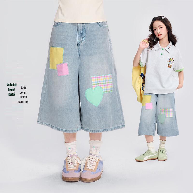 

Yuanyuan Princess Girls Heart Print Lightweight Denim Capris 130