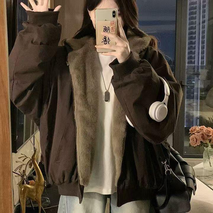 Zuoshandiao Plus Size Women s Retro Reversible Fleece-Lined Hooded Winter Jacket S 70-85 lbs