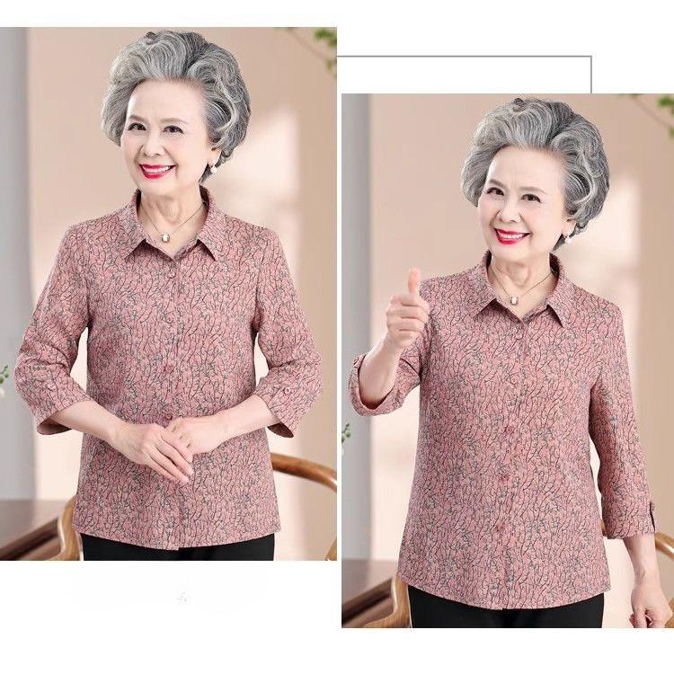 Grandma Spring Shirt Three-quarter Sleeves Blouse for Elderly Women Summer Casual Top