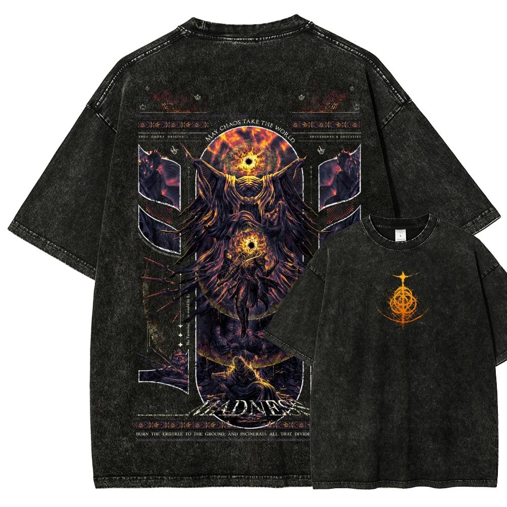 Vintage Washed Oversized Crewneck T Shirt Print Dragon Lightning Demon Wing Graphic Y2K Goth Streetwear Loose Casual Tee for Men Women Punk Fans