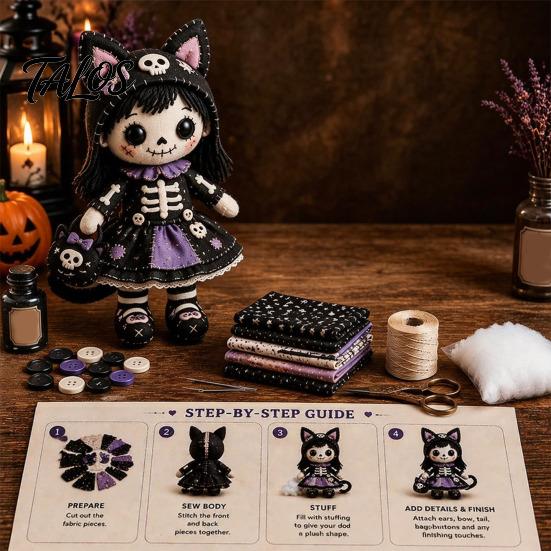 Step-by-step Sewing Tutorial Skeleton Witch Patchwork Kit, Gothic Girl Doll DIY Stuffing Cotton Included Kit Halloween for Adults Teens Handmade Gift