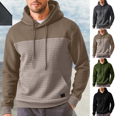 Fall Winter Hoodie Waffle Texture Hooded Drawstring Long Sleeves Contrast Color Loose Sport Casual Daily Mid Length Top