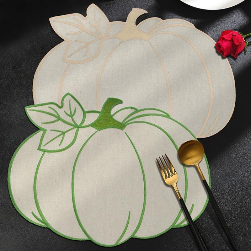 Elegant Embroidered Pumpkins Leaf Placemat For Halloween Dining Table Decoration Waterproof And Heat Resistant Kitchens Tableware