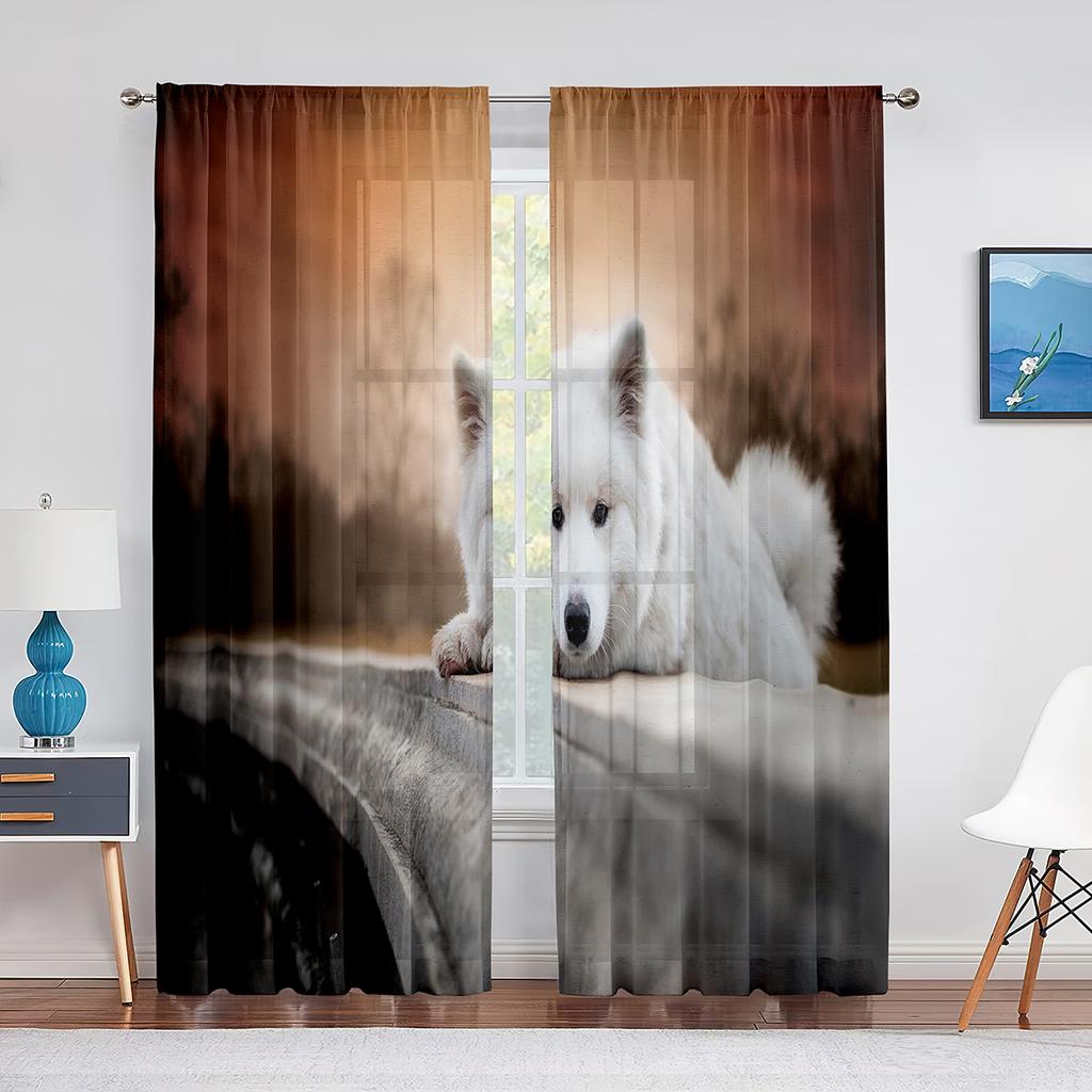 Doi Câini Samoyed Drăguți în Zăpadă Perdele Tulle pentru Decor Living Dormitor Bucătărie Perdea Voal Transparent Modern Draperii Fereastră
