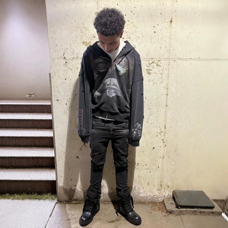 Black Graphic Print Zip-Up Hoodie Unisex Streetwear Oversized Pullover Fall Casual Sweatshirt