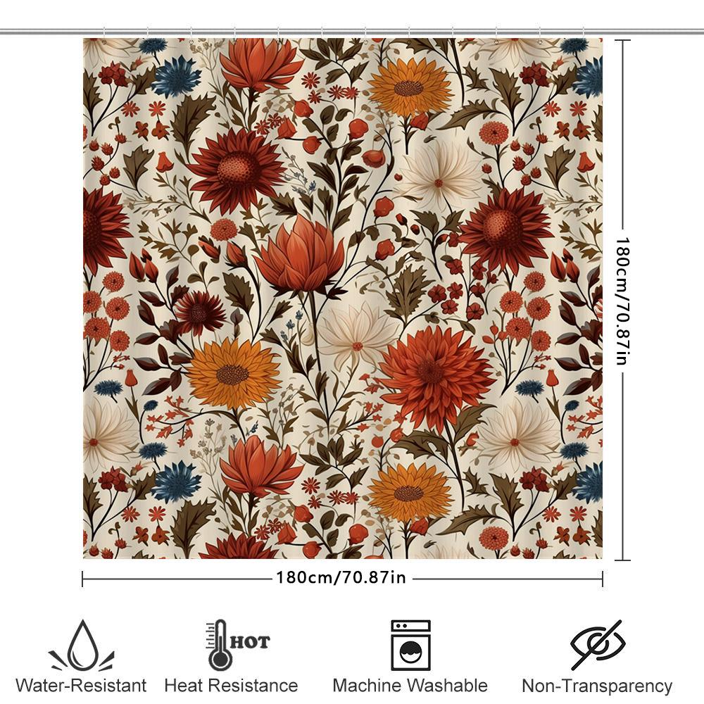 Vibrant Floral Shower Curtain Luxurious Bath Decor In Red, Orange Blue Waterproof Fabric For Bathroom Curtains Unisex Home Decor