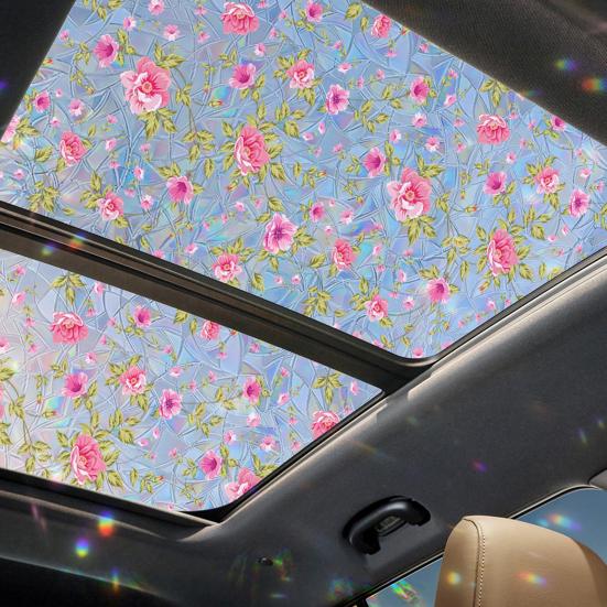 Flower Window Privacy Film, Decorative Static Cling Stickers, Waterproof Glass Cling, 39.4x17.7in Anti-Glare Static Glass Sticker for Home Bathroom