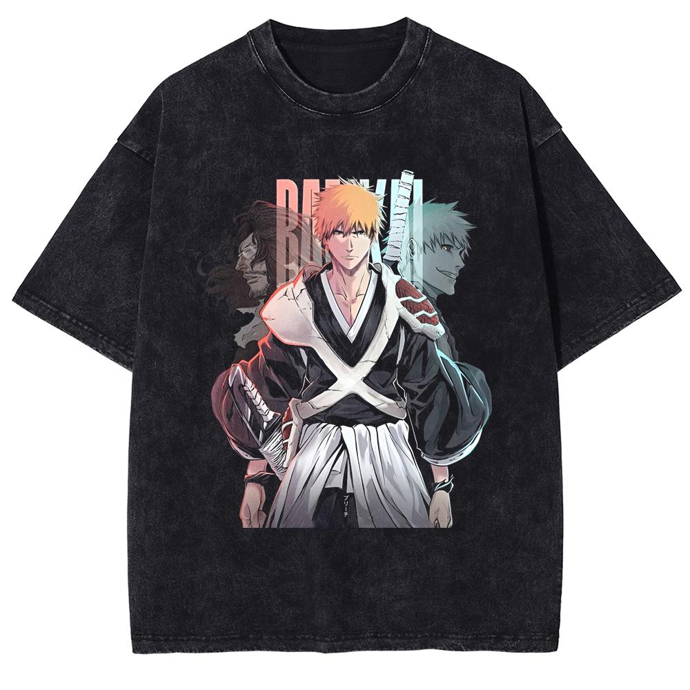 BLEACH T Shirt Manga Kurosaki Ichigo Print Tshirt Men Unisex Clothes Vintage Washed Streetwear Short Sleeve Cotton Tee Shirt