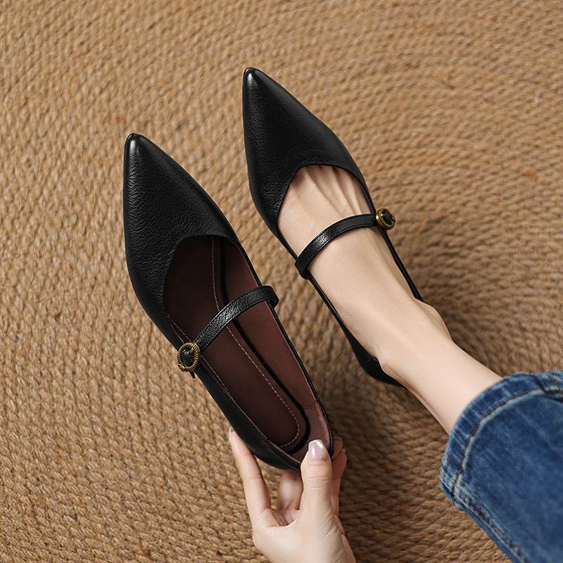 Krazing Pot Sheepskin Autumn Winter Shoes Thin Med Heels Size 43 Size 42 Pointed Toe Buckle Straps Shallow Pumps