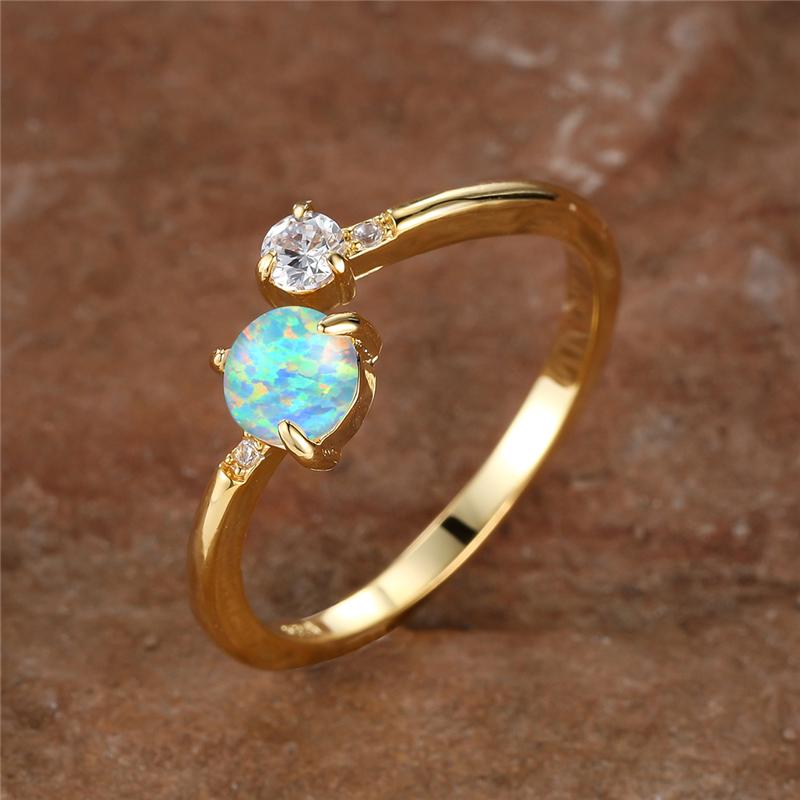 Cute Female Small Round White Fire Opal Stone Adjustable Ring Yellow Gold Color Open Wedding For Women