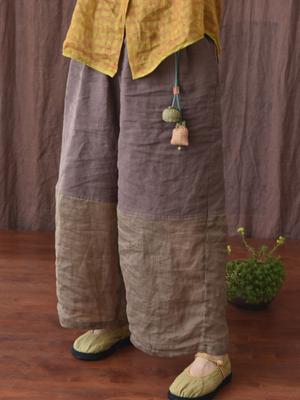 Women Linen Patchwork Color Wide Leg Pants Elastic Waist Summer Loose Women Long Pants