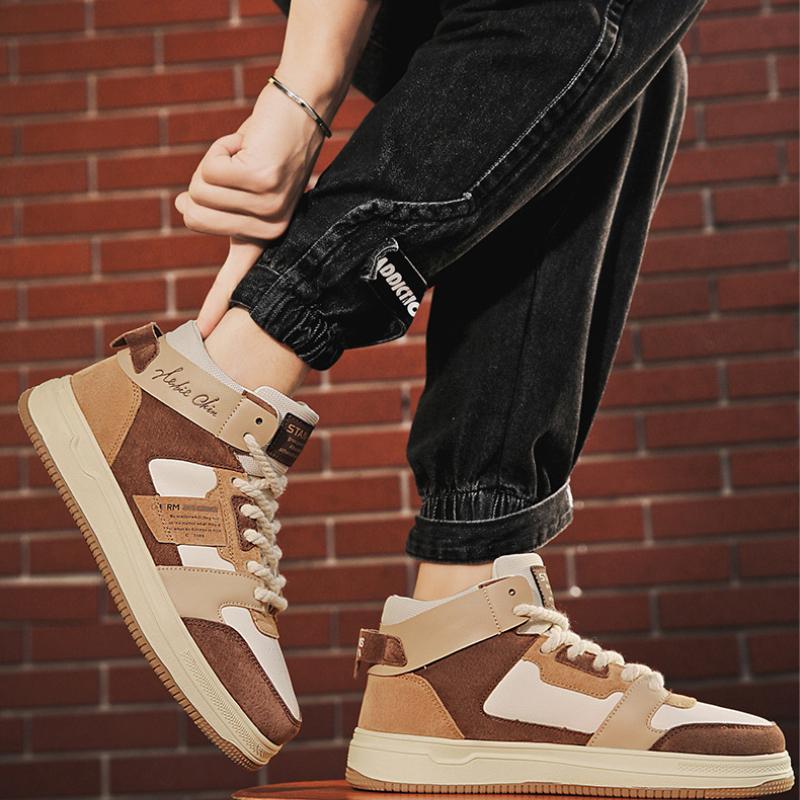 Men's PU Leather Casual Sneakers Trend Versatile Chunky Skateboard Shoes High Top Flat Vulcanized Shoes Zapatillas De Hombre New