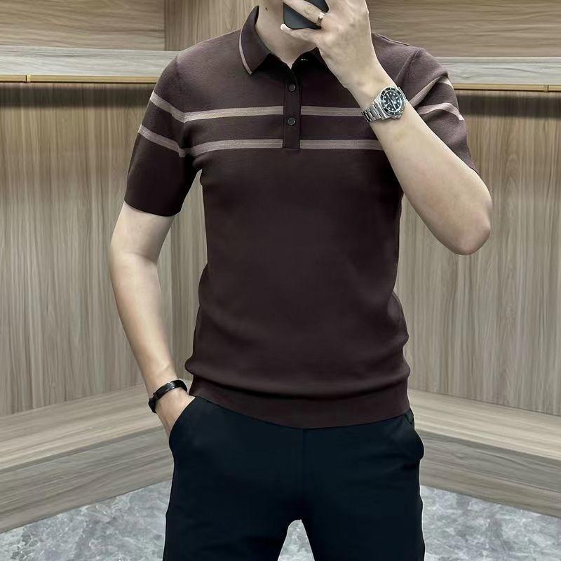 

Summer New Striped Turn-down Collar Men s Short Sleeve T-Shirt Trendy Fashion Slim Fit Knitted Polo Shirt 4XL кофейный
