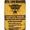 Vintage Mountain Lion Warning Metal Wall Sign Camping Decor