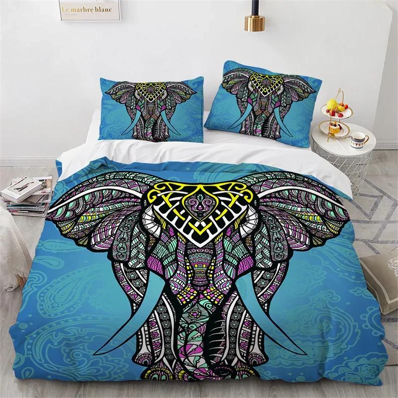 Elephant Duvet Cover King Queen Size Wild Animal Comforter Cover Polyester Bohemian Mandala African Safari Animals Bedding Set