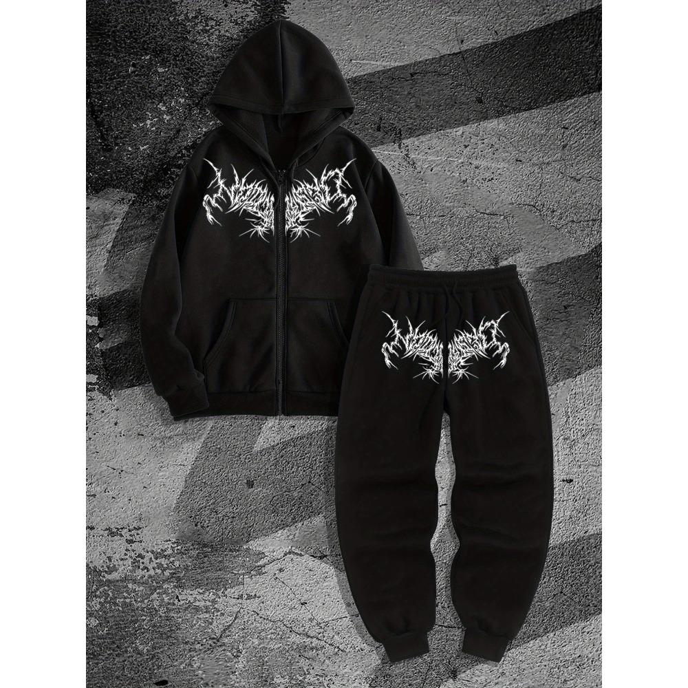 Trendy Men s Set, Gothic Dark Printed Men s Zipper Hoodie and Running Pants Two Piece Set S чёрный
