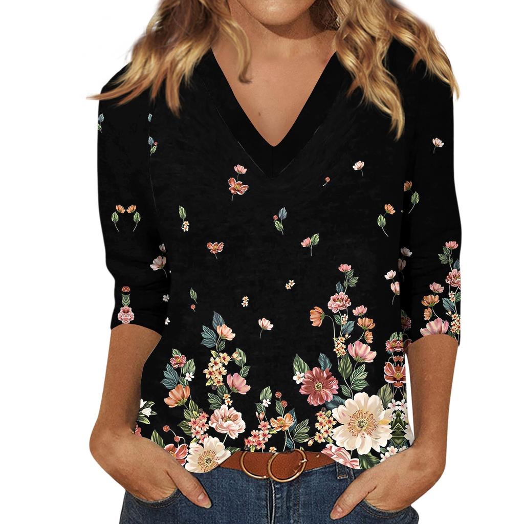 Women'S Casual And Fashionable Flower Printing V-Neck Top With Seven Quarter Sleeves Women'S Summer Clothes Top Mujer