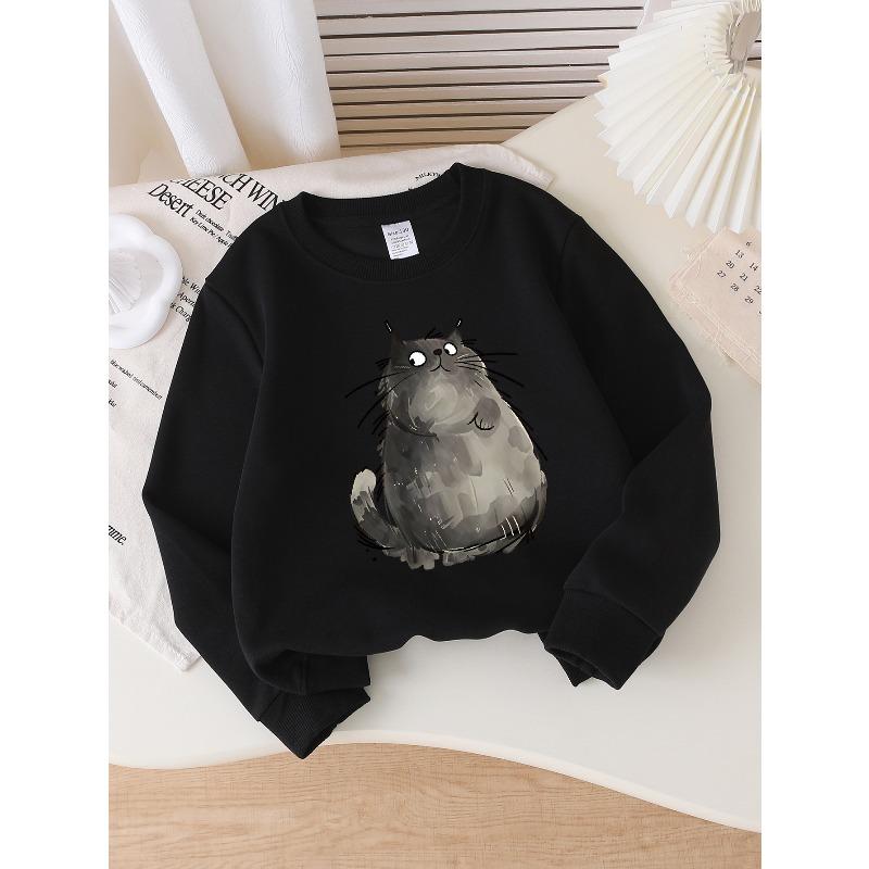 Girls' Long-sleeve Sweatshirt with Round Neck and Printed DesignCute Cat Print Suitable for Spring and Autumn, Fashionable and Casual