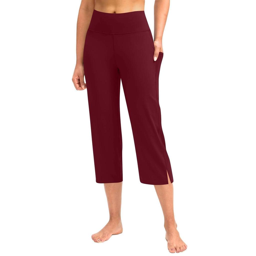 Kvinner Elastisk Høy Midje 3/4 Bukse Casual Aktiv Passform Vide Capri Leggings Bukser Bukser Med Lommer