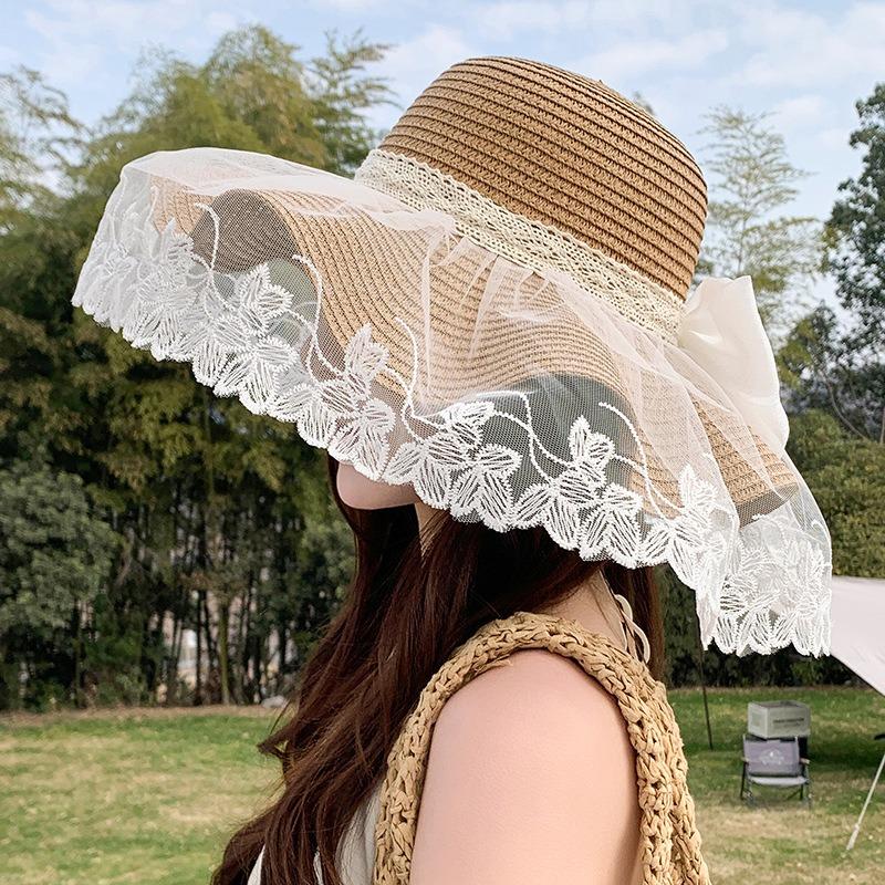 Summer Bow Sun Hat Female, Seaside Beach Vacation Sun Hat Outdoor Big Brim Sun Hat Sweet Straw Hat