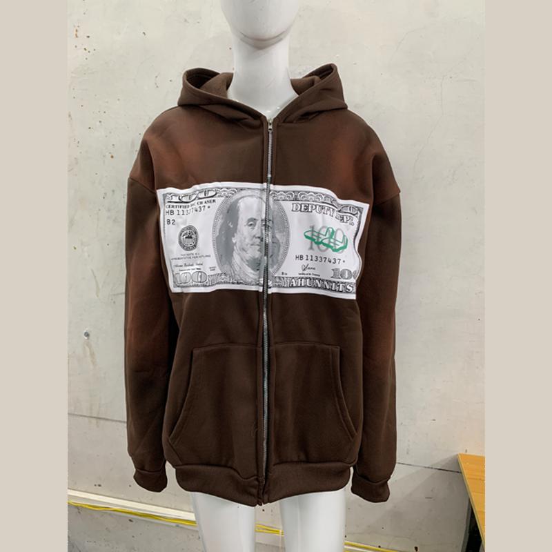 European and American Y2K Retro Printed Street Hip-hop Zipper Hoodie