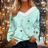 Women's Long Sleeve Christmas Print V Neck Top with Fuzzy Collar Winter Holiday Blouse