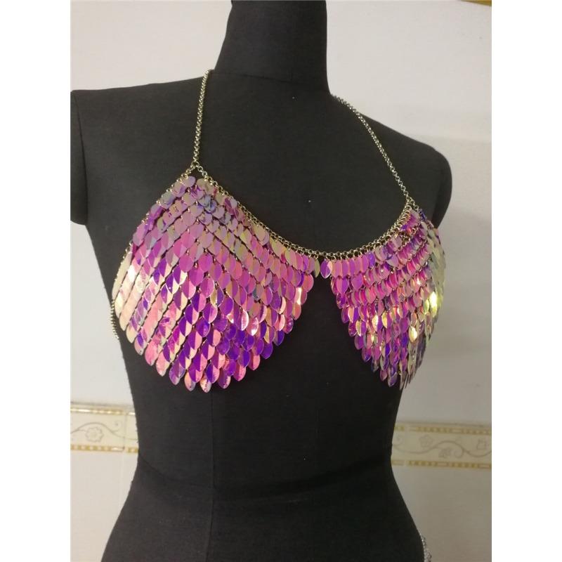 Colorful Sequin Halter Neck Body Chain Crop Top OneSize фиолетовый