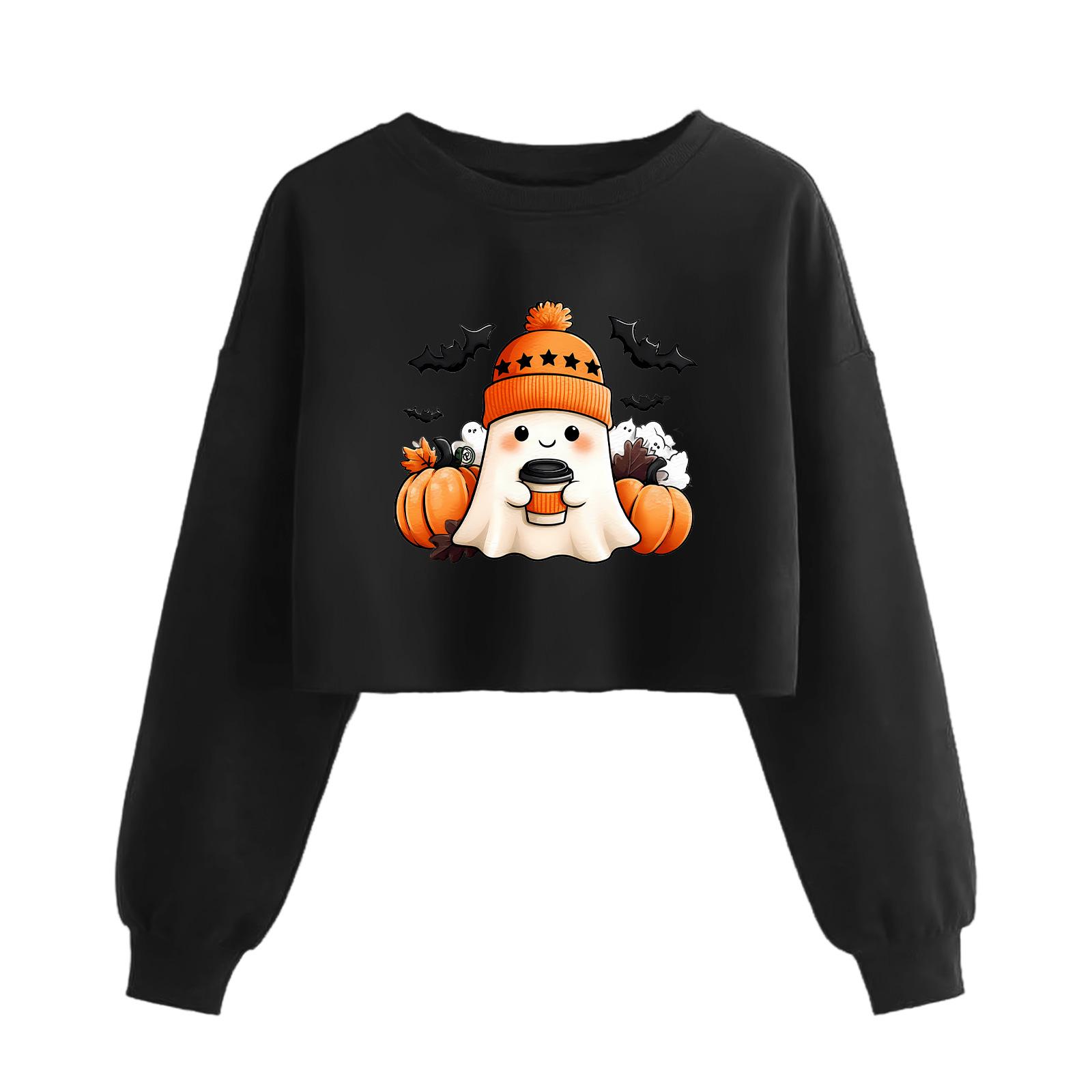 

Женский модный пуловер с длинным рукавом и принтом на Хэллоуин, открывающий живот L чёрный