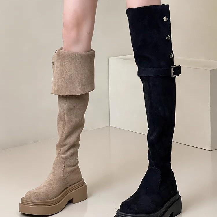 Stövlar med tjock sula dam 2025 nya höst- och vinter men knähöga mockastövlar dam tunna höga ridstövlar
