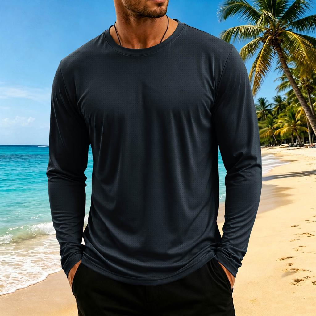 Maglia da uomo a maniche lunghe, girocollo, traspirante, fresca, atletica, per allenamento e uso casual