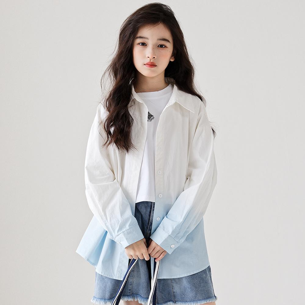 Girls' Trendy Gradient Long-Sleeve Cotton Shirt - Spring/Summer 2025, Medium/Large, Lapel Cardigan, Parent-Child Matching.