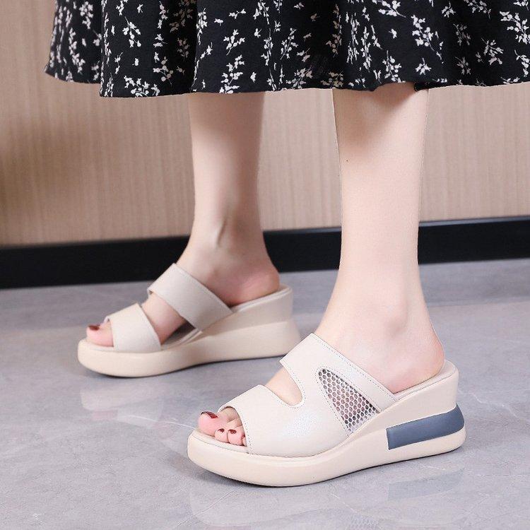 Wedge heel slippers women's summer high heel thick bottom one-word drag wear fish mouth women's cool slippers women